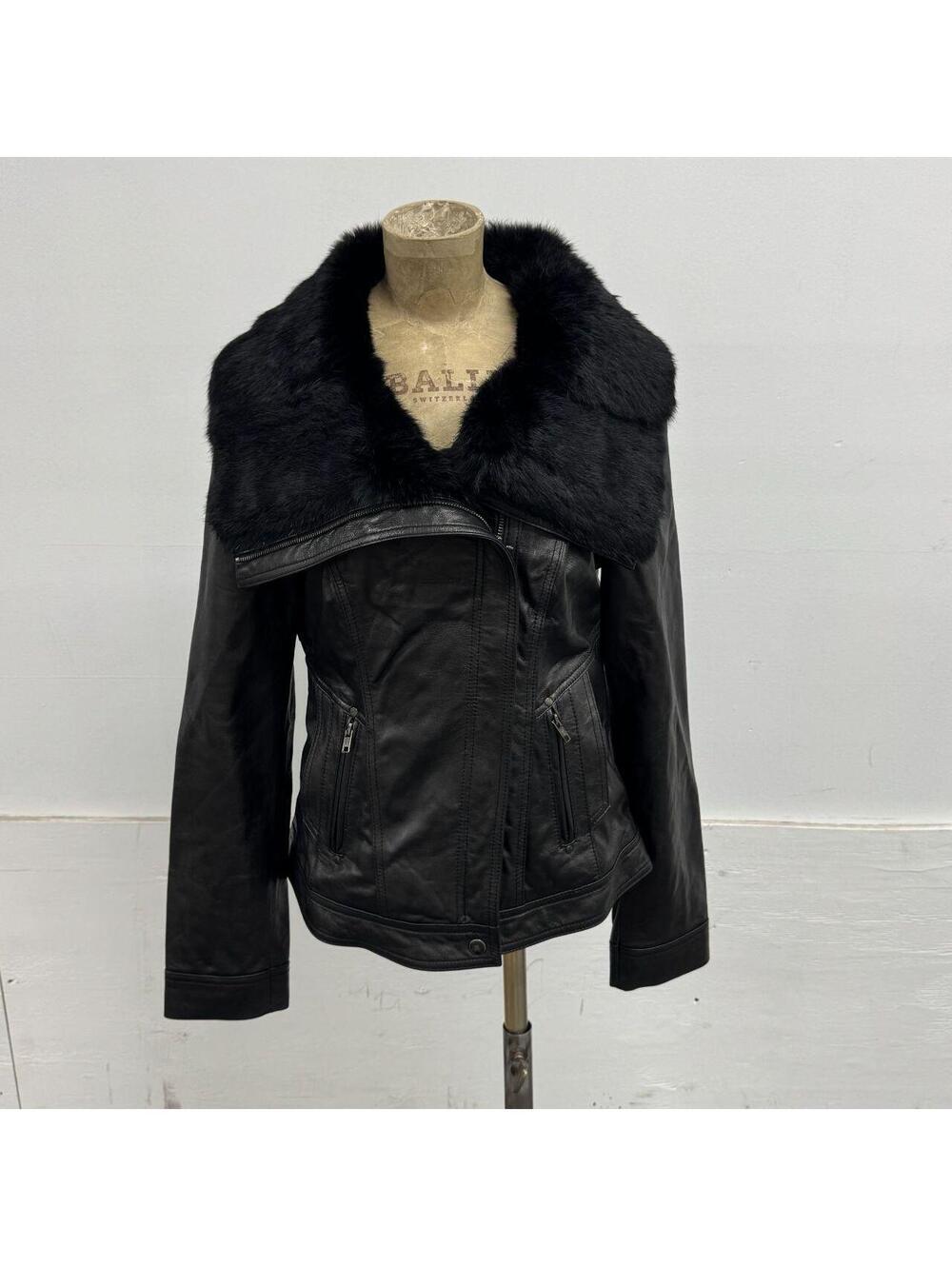 Vintage Black Funnel Rabbit Fur Neck Avant Garde Leather Jacket